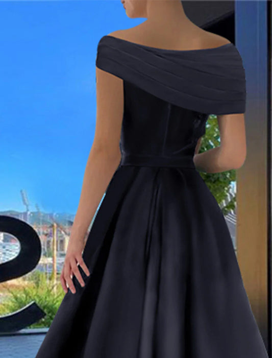 omberprom A-Line Prom Dresses Black Formal Dress Dress Evening Wedding Guest Floor Length Short Sleeve Off Shoulder Satin with Ruched