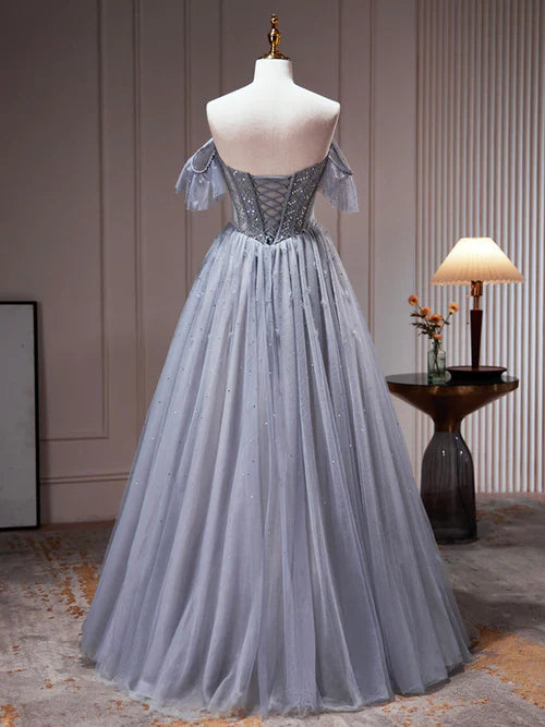 omberprom Gray Tulle Off Shoulder Beaded Party Dress, A-Line Tulle Formal Dress Prom Dress