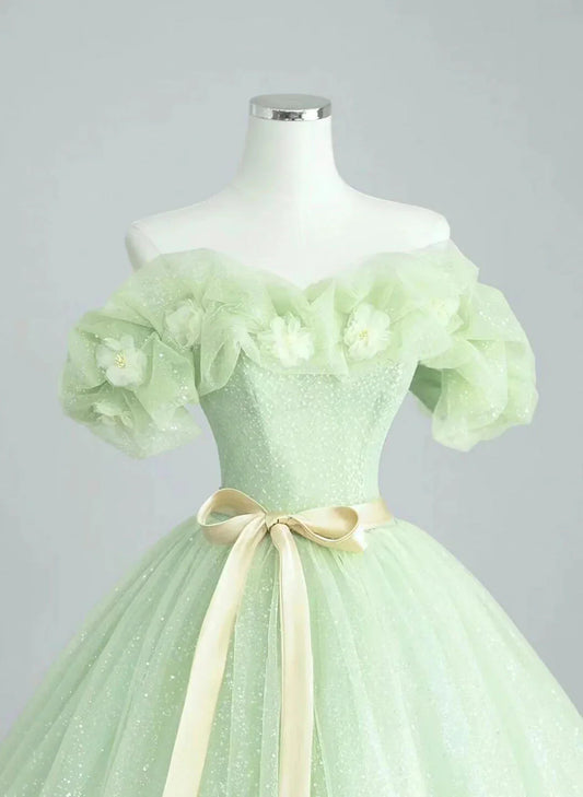 Cute Green Tulle Ball Gown Sweetheart Party Dress, Green Shiny Tulle Prom Dress TP1005