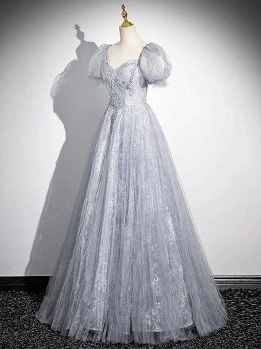 Gray Tulle Beaded Floor Length Prom Dress, A-Line Short Sleeve Evening Party Dress TP101