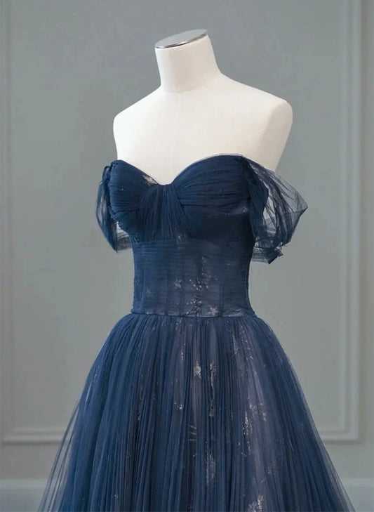 Navy Blue Sweetheart Off Shoulder Tulle Prom Dress, A-line Tulle Formal Dress TP1057