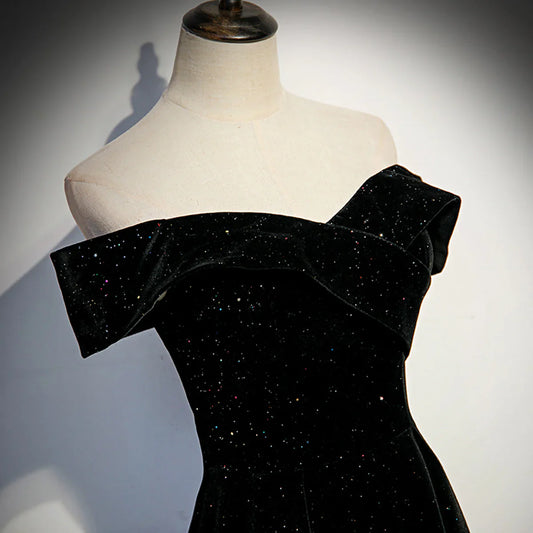 Simple Black Sweetheart Off Shoulder Long Velvet Prom Dress, Black Evening Dress TP1075