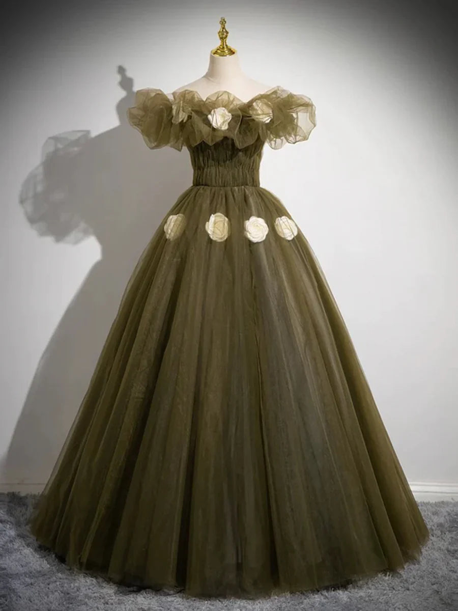 Elegant Off the Shoulder Floor Length Prom Dress, Green A-Line Tulle Formal Party Dress TP119