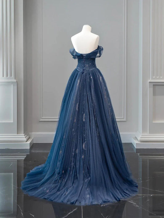 Previous Next Nave Tulle Floor Length Prom Dress, Beautiful Off the Shoulder Backless Evening Dress TP125