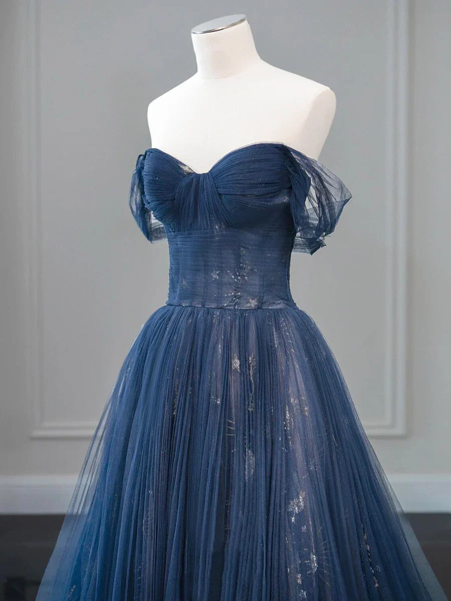Previous Next Nave Tulle Floor Length Prom Dress, Beautiful Off the Shoulder Backless Evening Dress TP125