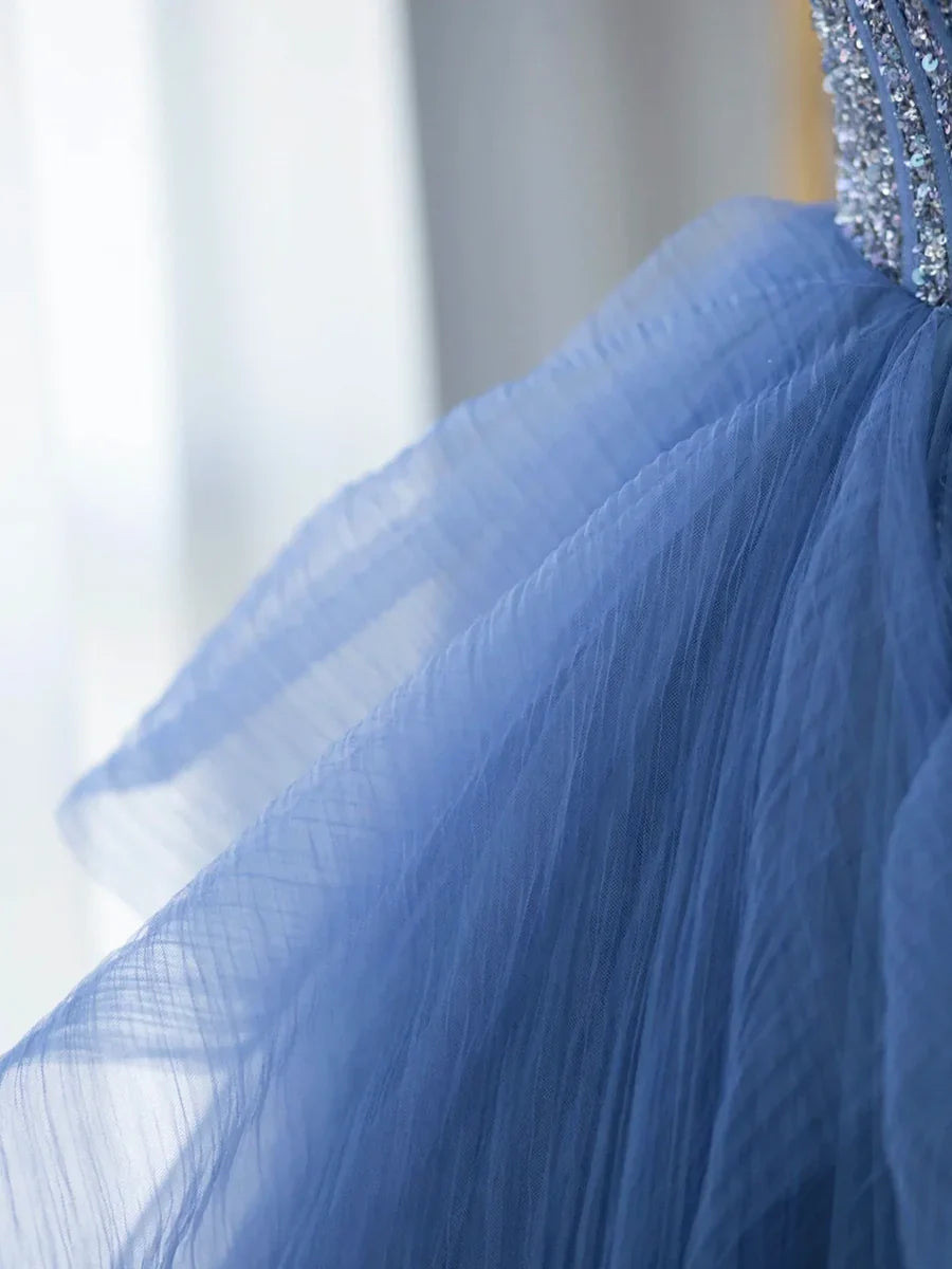Blue Strapless Tulle Sequins Long Prom Dress, Beautiful A-Line Formal Party Dress TP142