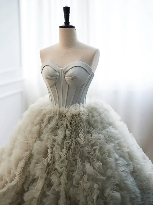 Gray Strapless Tulle Long Prom Dress, Beautiful A-Line Sweetheart Neck Formal Evening Dress TP170