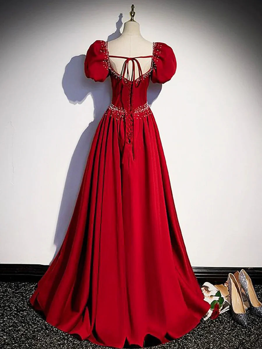 Elegant Burgundy Floor Length Prom Dress, A-Line Beading Puffy Short Sleeve Backless Evening Dress TP173