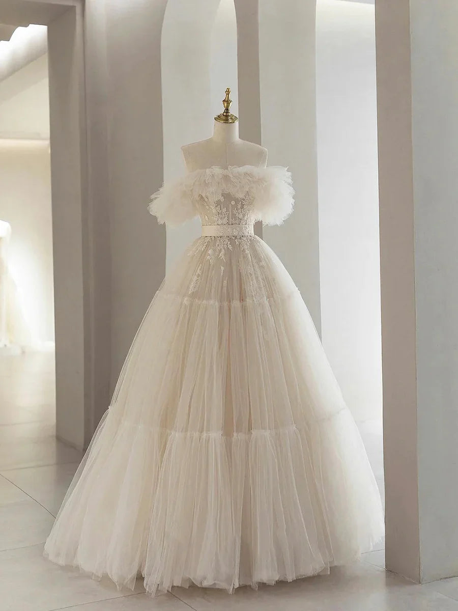 Light Champagne Tulle Lace Floor Length Prom Dress, Beautiful A-Line Evening Party Dress TP207