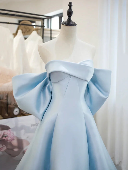 Blue Satin Long Prom Dress, A-Line Off the Shoulder Evening Party Dress TP217