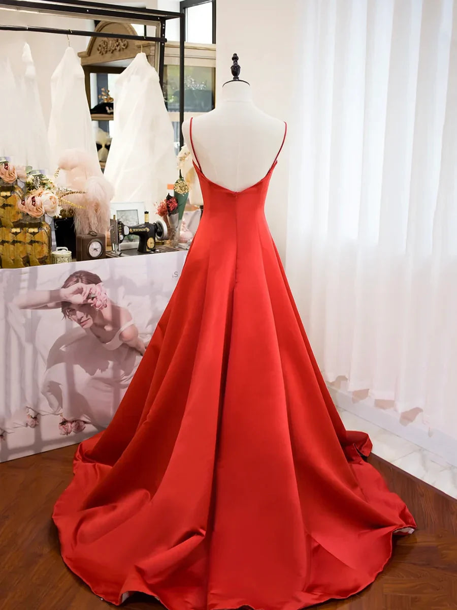 Red Spaghetti Strap Satin Long Prom Dress, Simple A-Line Backless Evening Party Dress TP218