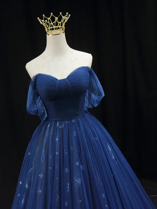 Beautiful Blue Tulle Floor Length Prom Dress, A-Line Off the Shoulder Princess Dress Evening Dress TP228