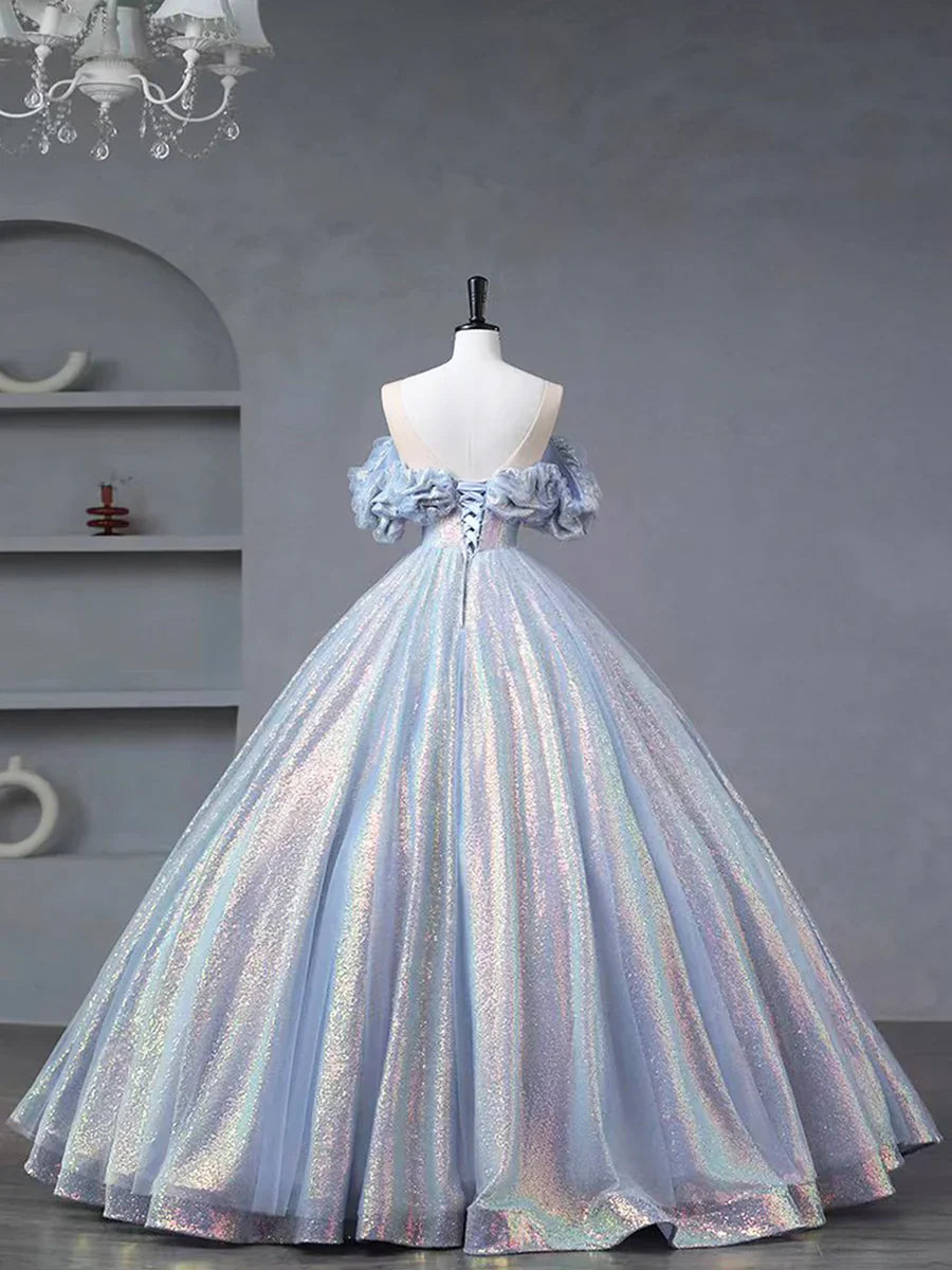Blue Tulle Sequins Long Formal Dress, Off the Shoulder Princess Dress Sweet 16 Dress TP232