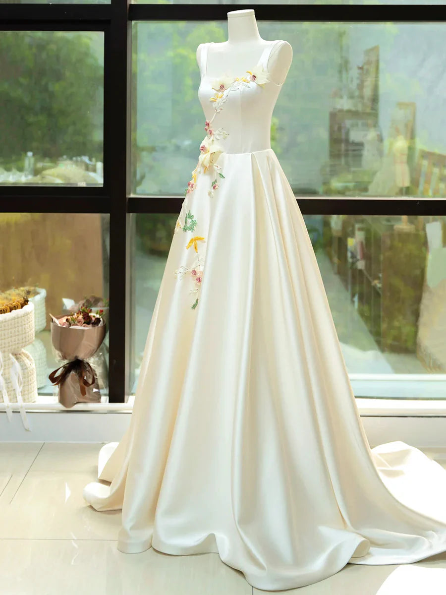 Elegant Satin Floor Length Formal Dress with 3D Flowers, Light Champagne A-Line Evening Party Dress TP238