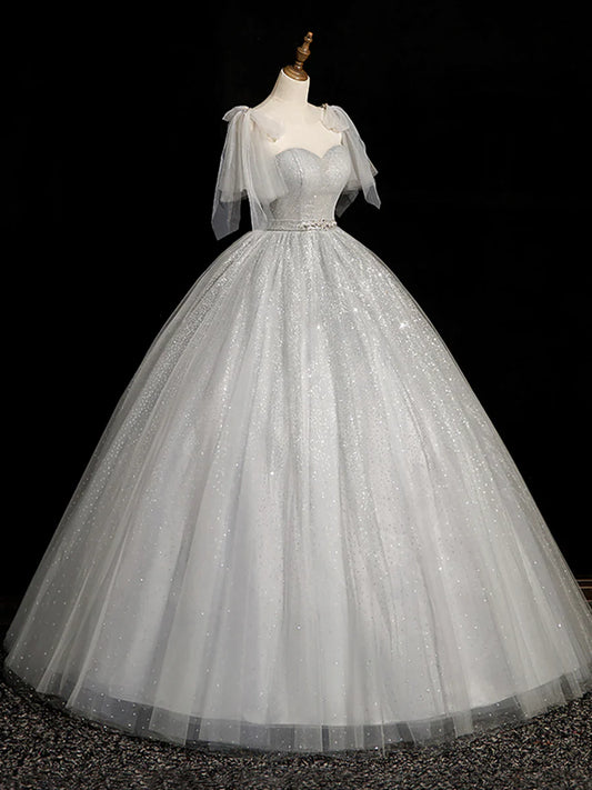 Gray Sparkly Tulle Long Scoop Neckline Prom Dress, Beautiful A-Line Evening Party Dress TP242