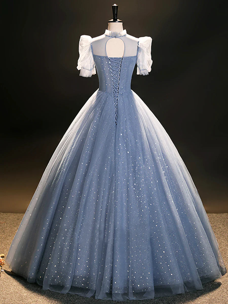 Blue Tulle Long A-Line Prom Dress, Beautiful Short Sleeve Evening Party Dress TP249