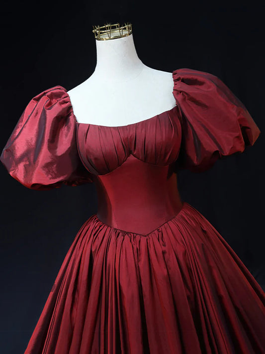 Burgundy Scoop Short Sleeves Party Dress, A-Line Long Evening Dress Prom Dress TP252
