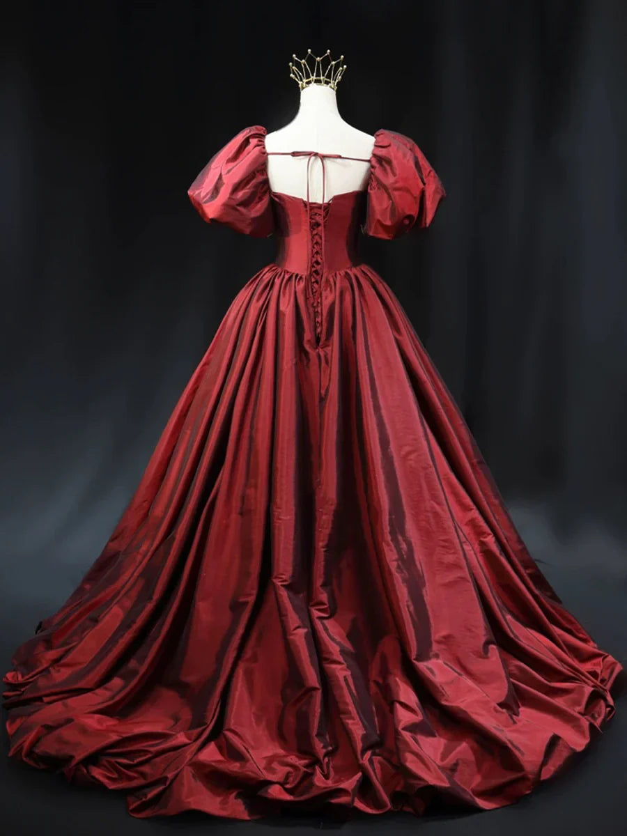 Burgundy Scoop Short Sleeves Party Dress, A-Line Long Evening Dress Prom Dress TP252