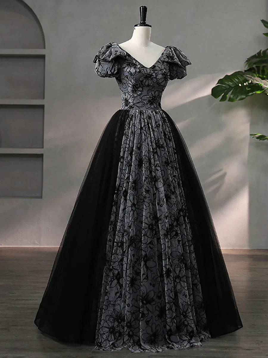Beautiful Black Rhinestone Flower Prom Dress, Black V-Neck Short Sleeve Evening Dress TP256