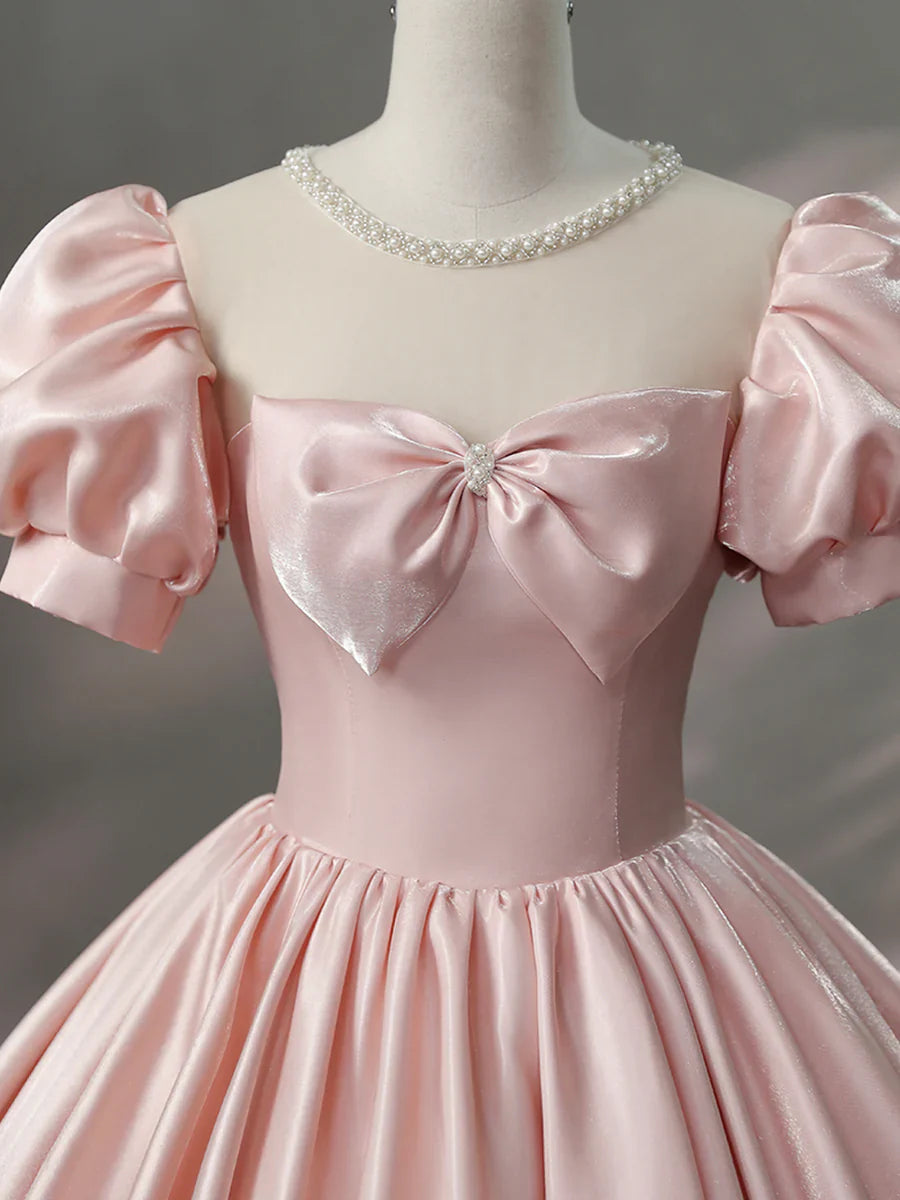 Beautiful Pink Scoop Neck Satin Floor Length Prom Dress, A-Line Short Sleeve Evening Dress with Bow TP258