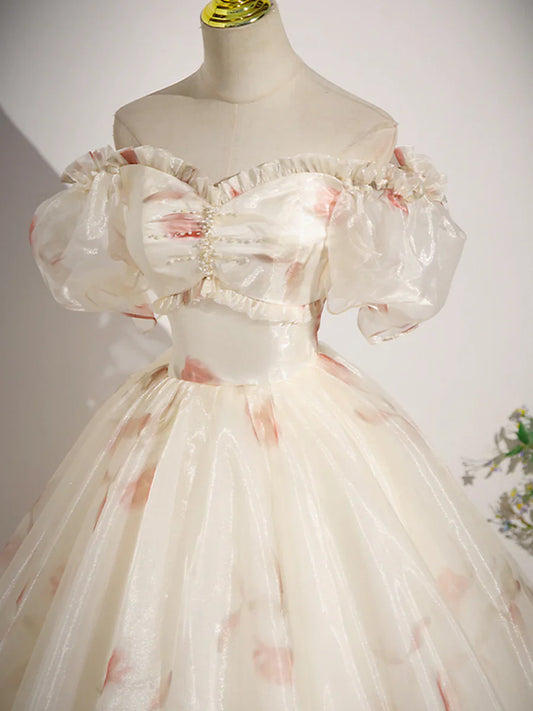Champagne Floral Tulle Long Prom Dress, Beautiful Short Sleeve A-Line Evening Party Dress TP259