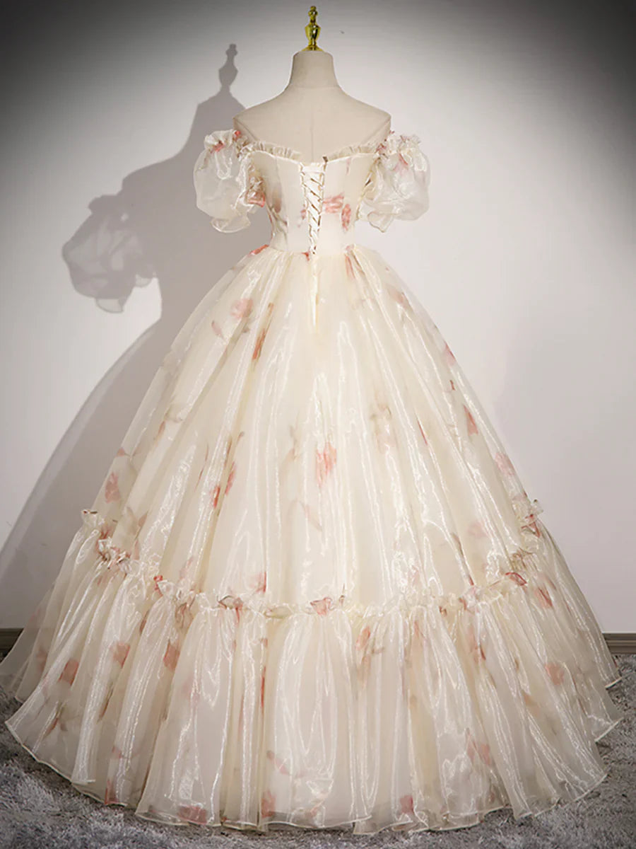 Champagne Floral Tulle Long Prom Dress, Beautiful Short Sleeve A-Line Evening Party Dress TP259