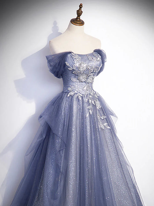 Charming Tulle Sequins A-Line Prom Dresses, Off the Shoulder Floor-Length Formal Dresses TP265