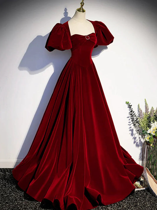 Burgundy Velvet Floor Length Prom Dress, Beautiful Open Back Evening Dress with Pearls TP266