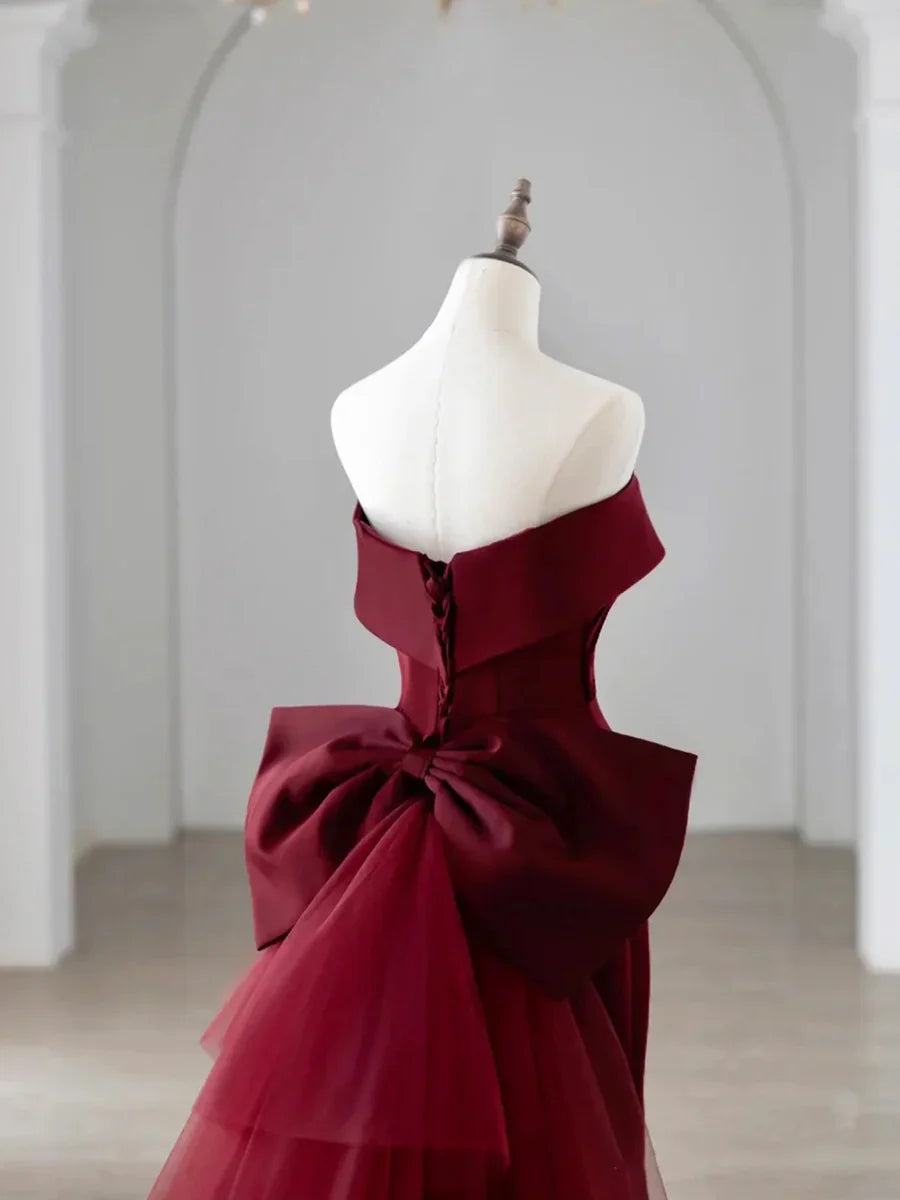 Off the Shoulder Floor Length Satin Prom Dress, Mermaid V-Neck Evening Party Dress TP268