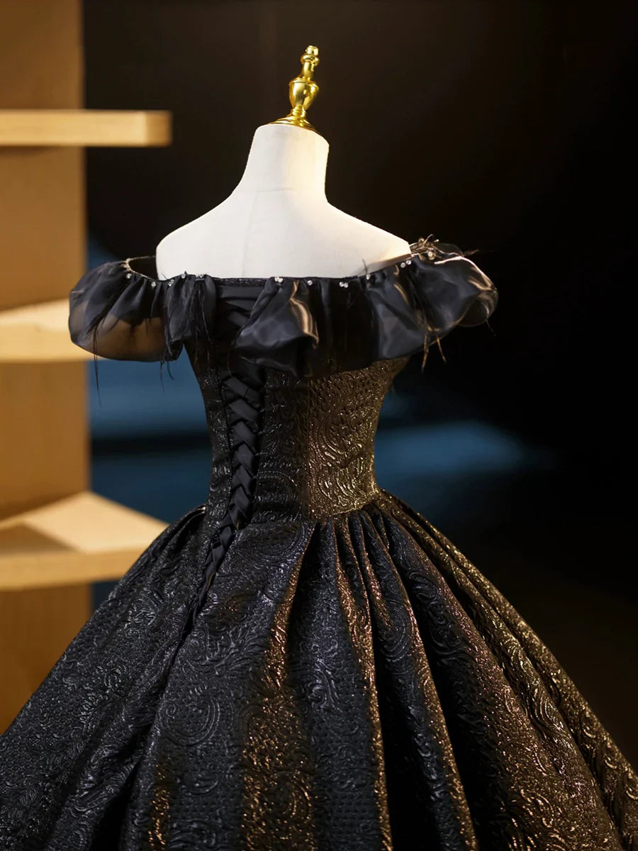 Black V-Neck Floor Length Formal Dress, A-Line Off the Shoulder Evening Party Dress TP269