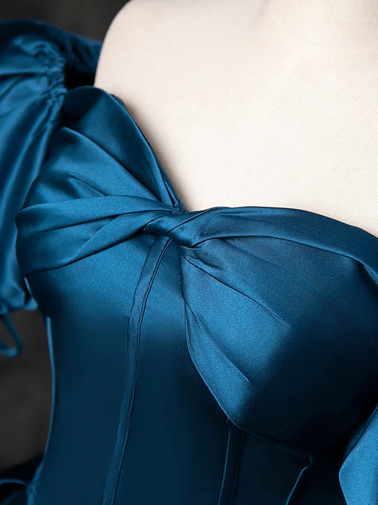 Blue Satin Off the Shoulder Floor Length Prom Dress, Blue A-Line Party Dress TP271
