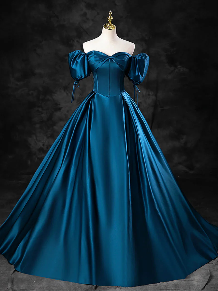 Blue Satin Off the Shoulder Floor Length Prom Dress, Blue A-Line Party Dress TP271