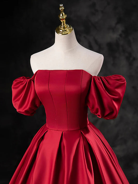 Burgundy Satin Off the Shoulder Formal Dress, A-Line Burgundy Evening Dress TP272