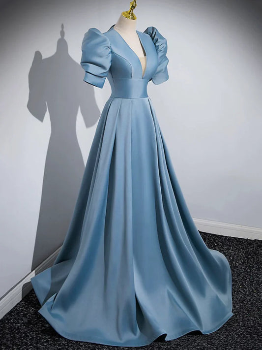 Blue Floor Length V-Neck Satin Prom Dress, Simple A-Line Evening Dress TP275