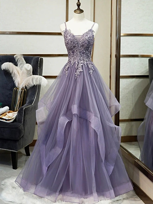 Purple Spaghetti Straps Lace Prom Dress, Lovely Tulle Corset Floor Length Evening Dress TP276