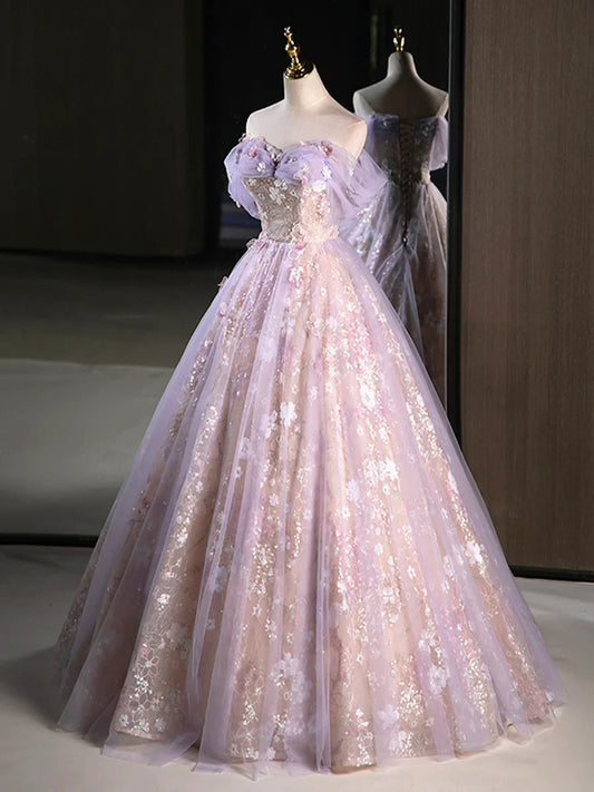 Purple A-Line Off the Shoulder Sequins Prom Dress, Lovely Tulle Corset Floor Length Evening Dress TP277