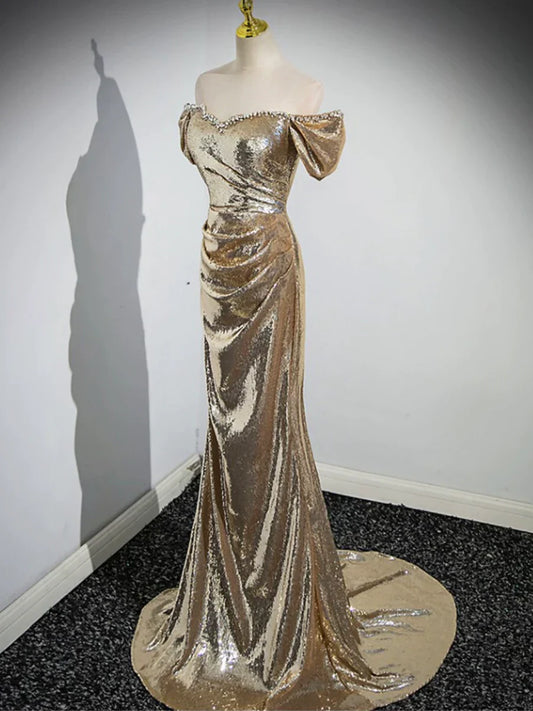 Gold Sequins Floor Length Prom Dress, Mermaid Off the Shoulder Evening Party Dress TP283