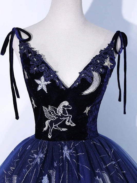 Navy Blue Tulle Long Prom Dress, Spaghetti Straps Lace Flower Backless Evening Dress TP284