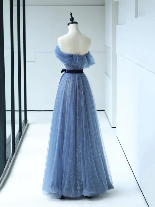 Strapless Tulle Blue Floor Length Prom Dress, A-Line Blue Evening Party Dress TP286