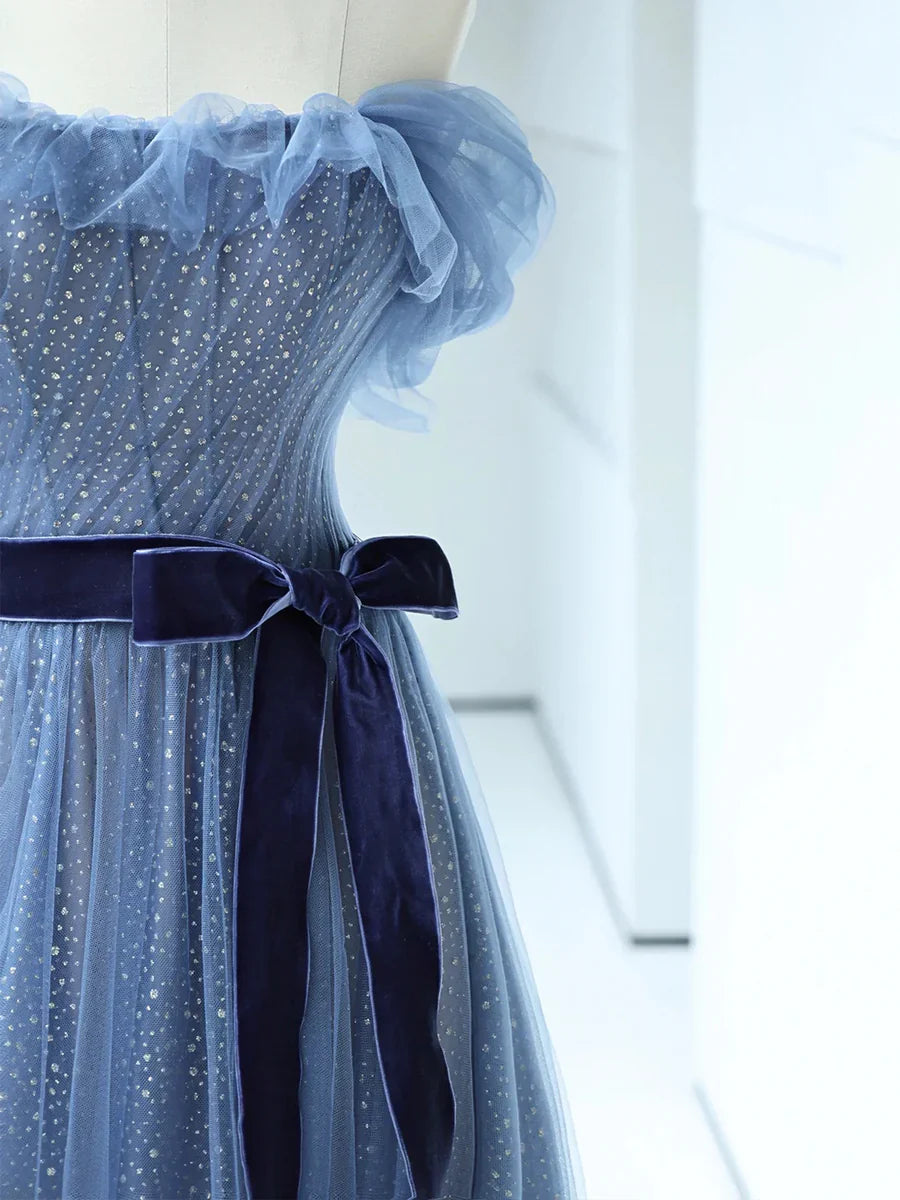 Strapless Tulle Blue Floor Length Prom Dress, A-Line Blue Evening Party Dress TP286