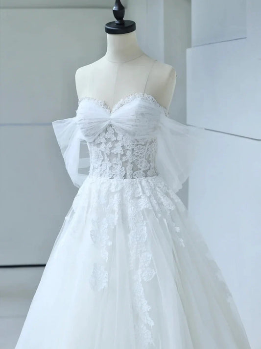 White Tulle Lace Long Prom Dress with Corset, Off the Shoulder Sweetheart Evening Dress TP287