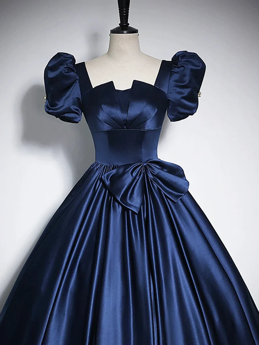 Elegant Blue Satin Floor-Length Prom Dresses, Square Neckline Puffy Short Sleeve Bow Formal Dresses TP291