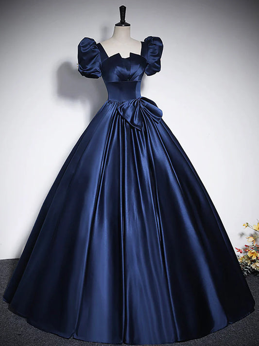 Elegant Blue Satin Floor-Length Prom Dresses, Square Neckline Puffy Short Sleeve Bow Formal Dresses TP291
