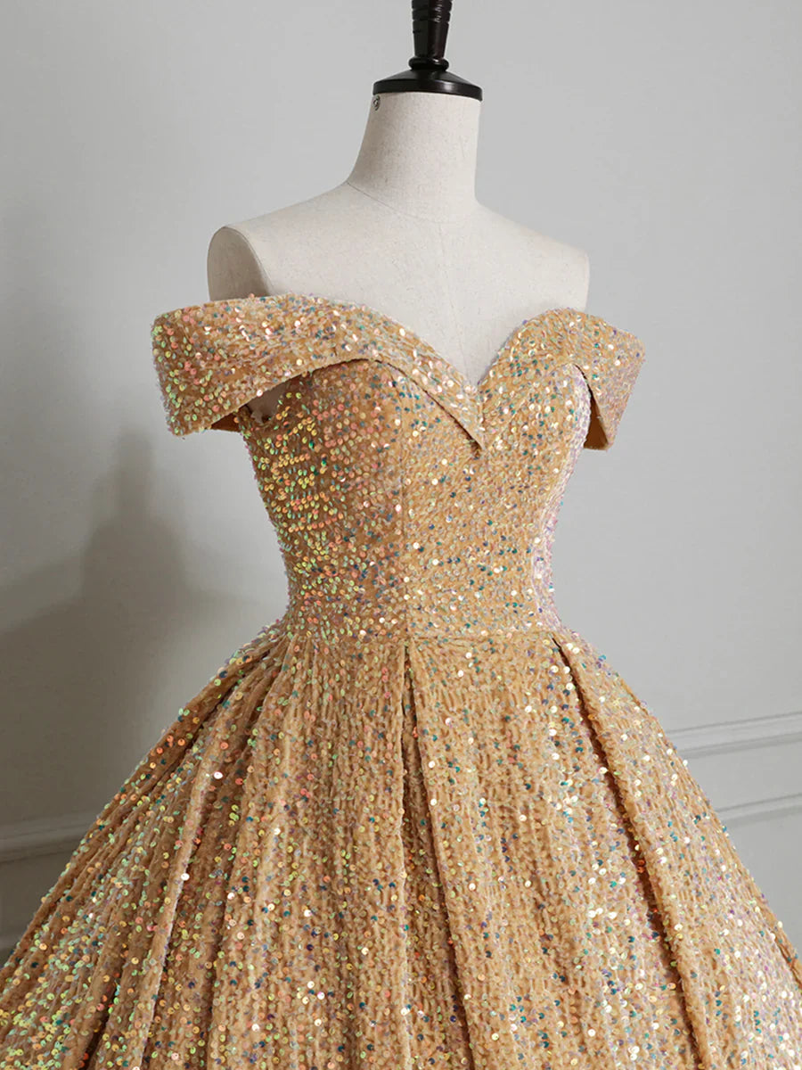 Sparkly Sequin Off the Shoulder Prom Dress, A-line Floor Length Evening Dress TP297