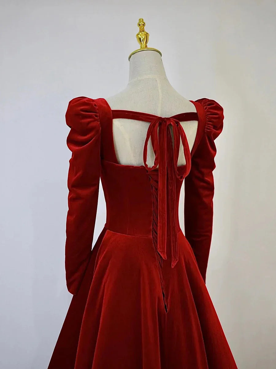 A-Line Long Sleeve Velvet Floor Length Prom Dress, Burgundy Formal Evening Dress TP298
