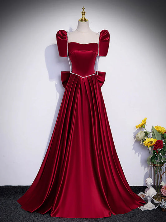 Beautiful Satin Floor Length Prom Dress with Bowknot, Burgundy Short Sleeve Evening Dress TP304