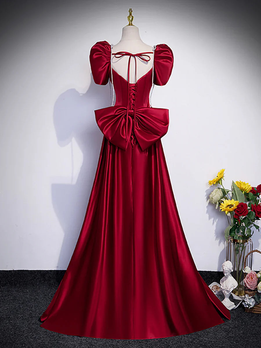 Beautiful Satin Floor Length Prom Dress with Bowknot, Burgundy Short Sleeve Evening Dress TP304