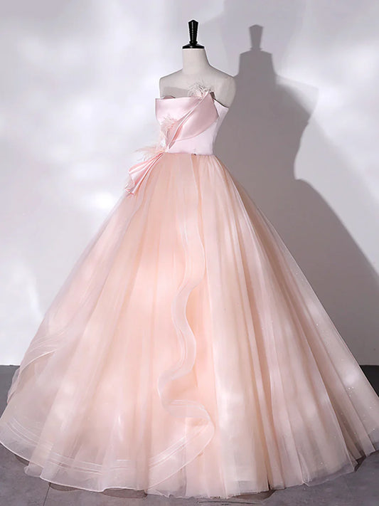 Pink Strapless Tulle Long Formal Dress, Pink A-line Prom Dress with Feathers TP306
