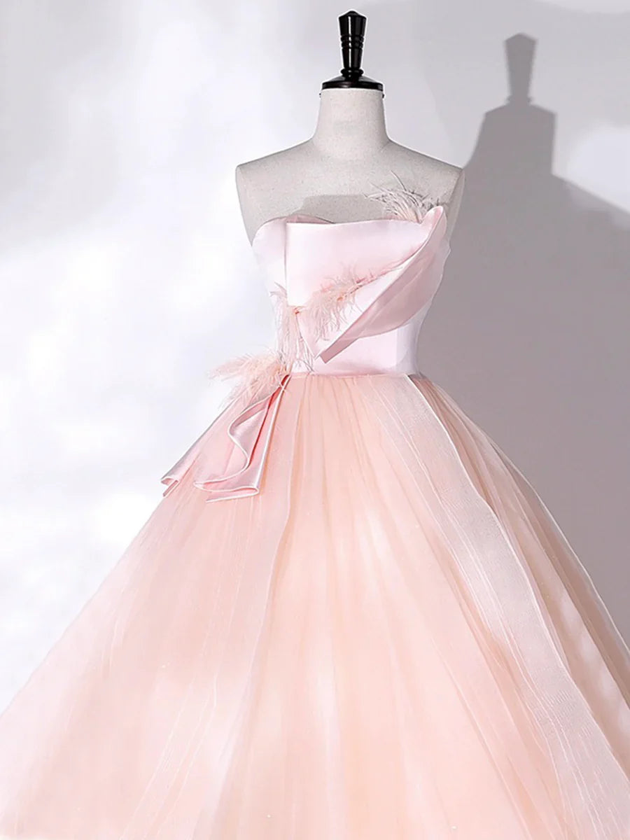 Pink Strapless Tulle Long Formal Dress, Pink A-line Prom Dress with Feathers TP306