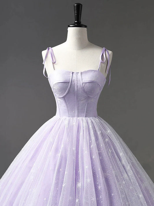 Light Purple Tulle Straps Long Prom Dress, Purple A-Line Princess Dress TP307